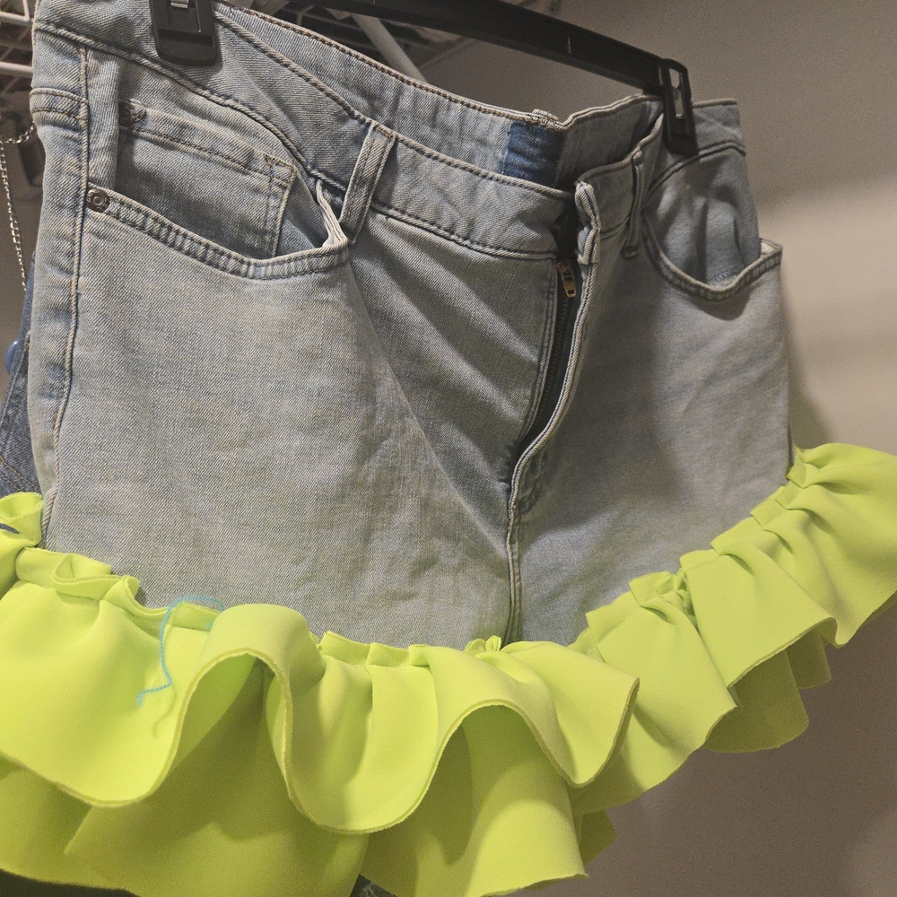 Stylish Denim Shorts with Neon Yellow Ruffle